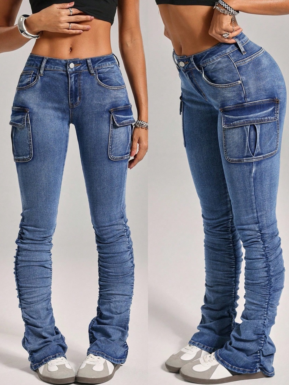 SHEIN Blue Ruched Pleated Cargo Pocket Skinny Jeans